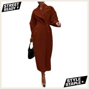 Women's Wool Blend Pea Coat Double Breasted Ankle Length Trench Coat